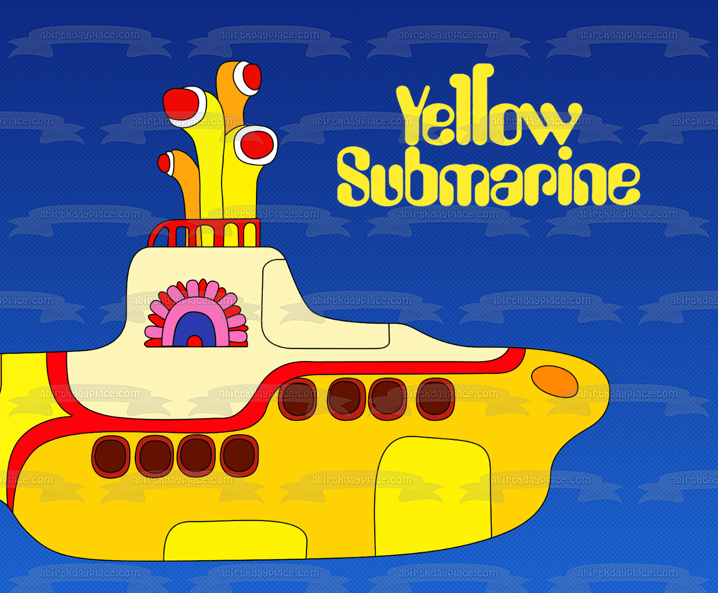 Imagen comestible para decoración de tarta con logotipo de submarino amarillo y fondo azul ABPID07016 