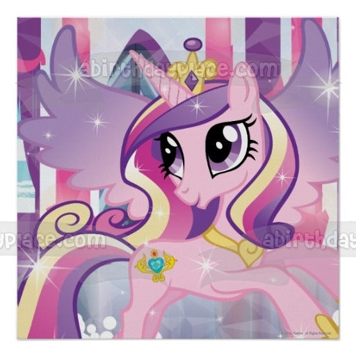 Adorno comestible para tarta con fondo de rayas moradas y rosa de la princesa Candence de My Little Pony, imagen ABPID07040 