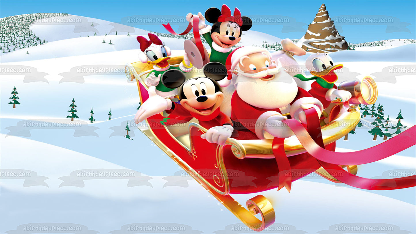 Mickey Mouse Feliz Navidad Minnie Mouse Pato Donald Trineo Daisy Duck Nieve y Papá Noel Adorno comestible para tarta Imagen ABPID07278 