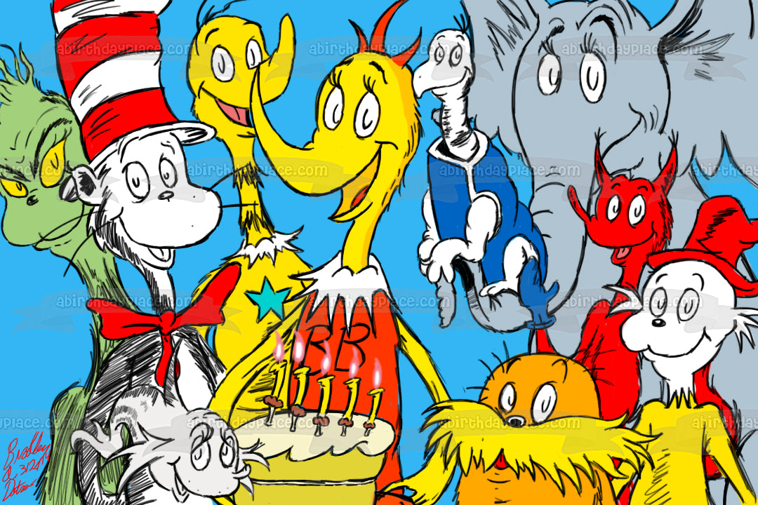 Dr. Seuss Horton escucha a quién El gato con sombrero, el Lorax y un pastel Imagen comestible para decoración de pastel ABPID07288 