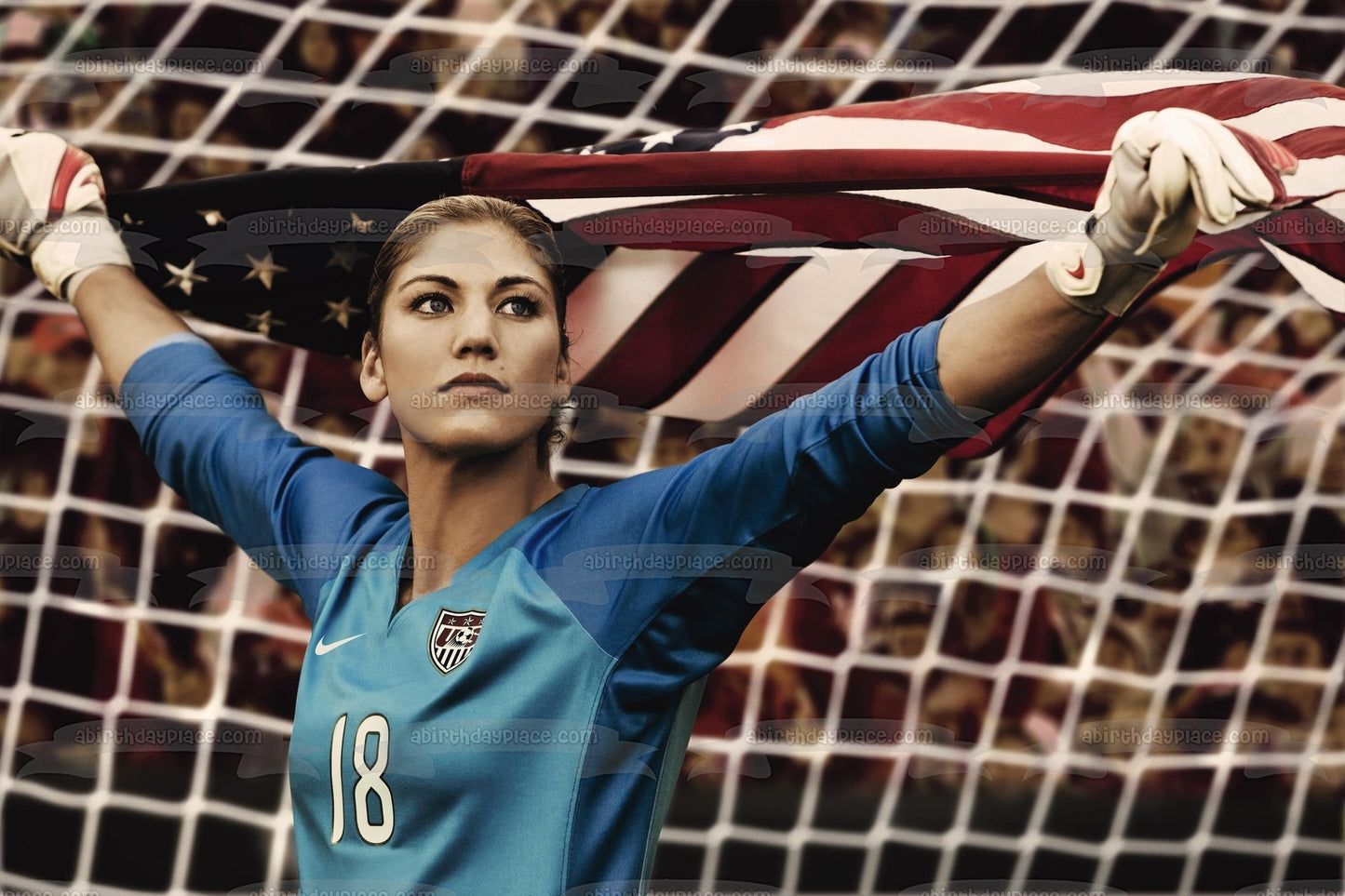 Hope Solo - Portero de fútbol femenino, medallista de oro olímpico con una bandera estadounidense, decoración comestible para tarta, imagen ABPID07318 