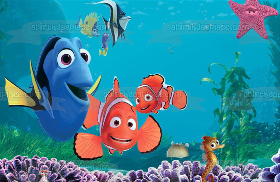 Finding Nemo Dory Nemo Marlin Peach Gill and Sheldon Edible Cake Topper Image ABPID07344