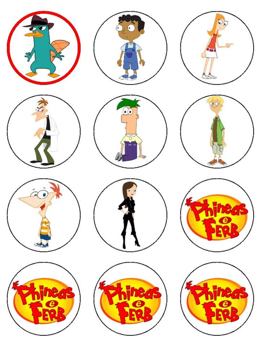 Phineas and Ferb Phineas Flynn Ferb Fletcher Perry the Platypus Dr. Heinz Doofenshmirtz Baljeet Jeremy Johnson Vanessa Doofenshmirtz Edible Cupcake Topper Images ABPID07381