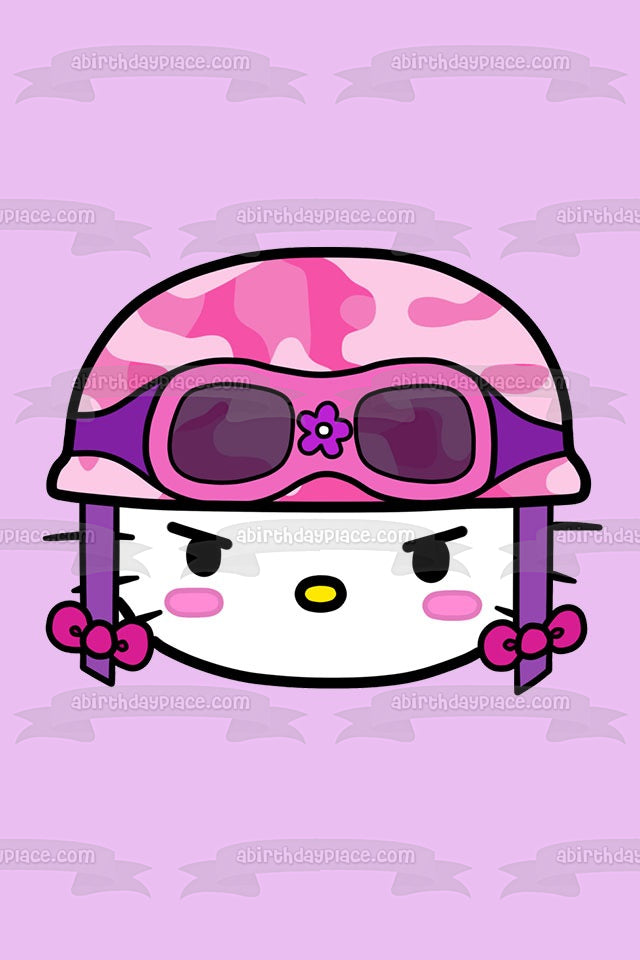 Hello Kitty Pink Camo Helmet and Goggles Edible Cake Topper Image ABPID07443