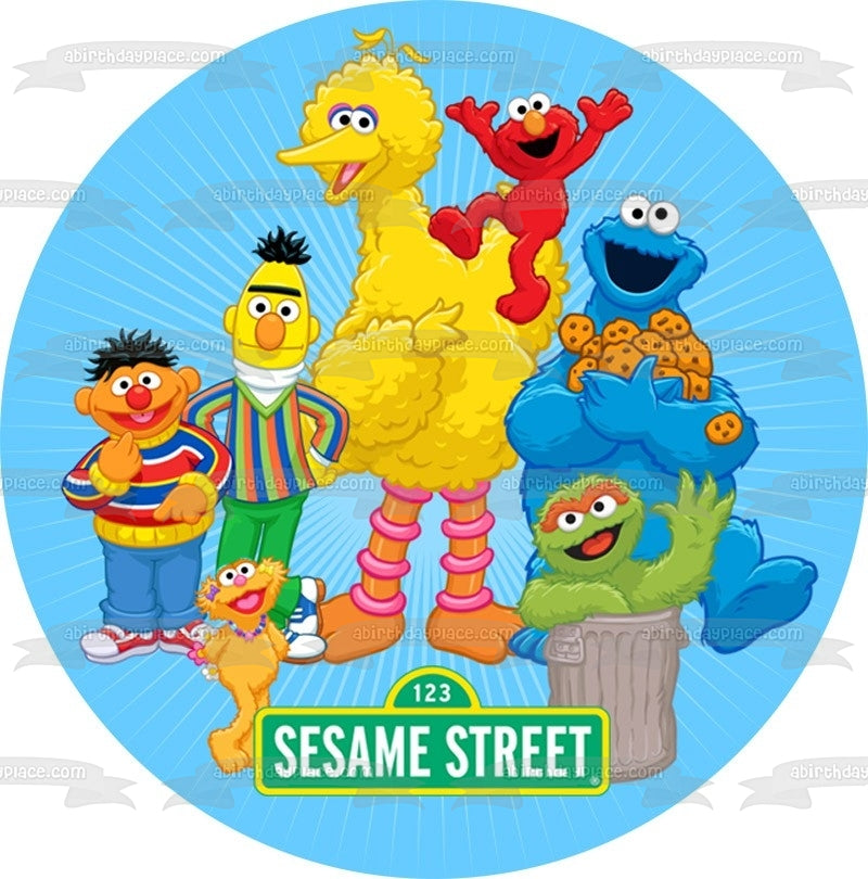 Sesame Street Logo Cookie Monster Cookies Elmo Bert Ernie Zoe and Oscar the Grouch Edible Cake Topper Image ABPID07518