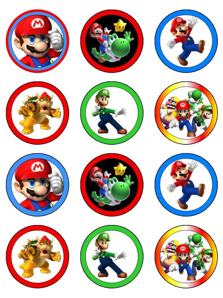 Super Mario Brothers Luigi Yoshi Wario and Bowser Edible Cupcake Topper Images ABPID07534