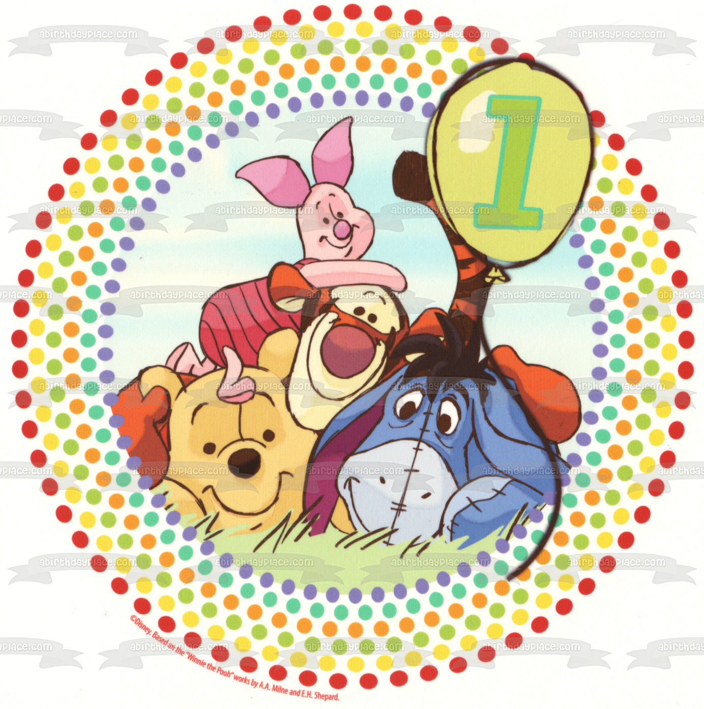 Winnie the Pooh 1er cumpleaños Tigger Piglet Eeyore y un fondo de lunares Imagen comestible para decoración de tarta ABPID07572 