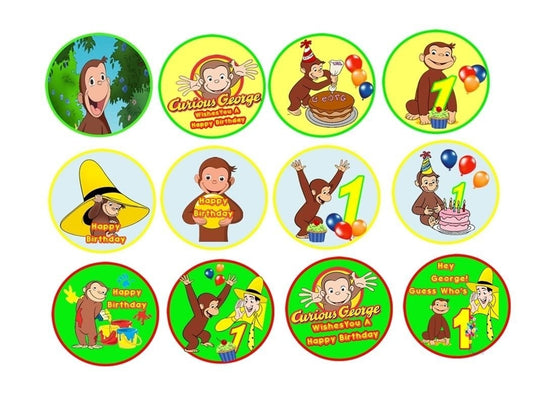 Curious George Happy 1st Birthday Balloons Cupcake Edible Cupcake Topper Images ABPID07664