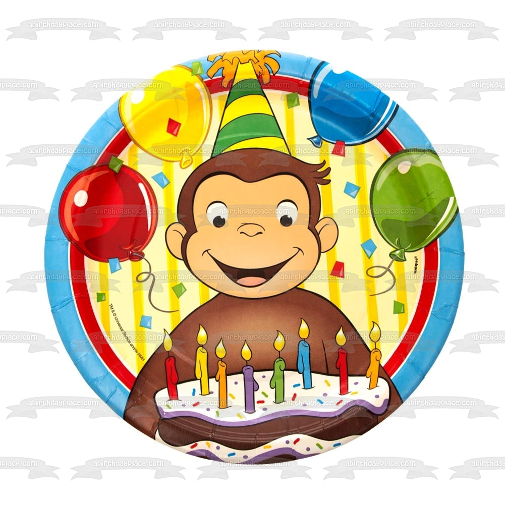 Jorge el Curioso Feliz Cumpleaños Pastel Fiesta Sombrero y Globos Imagen comestible para pastel ABPID07669 