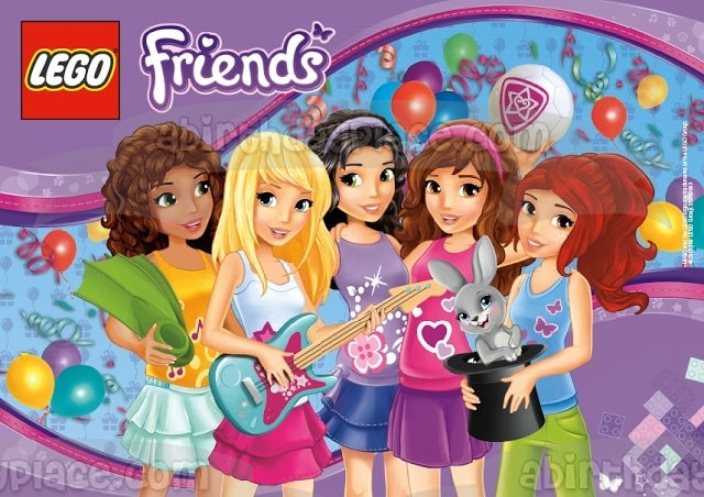 LEGO Friends Logo Stephanie Mia Andrea Emma Olivia and Balloons Edible Cake Topper Image ABPID07724