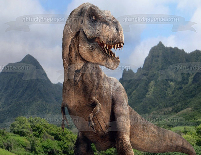 Jurassic World Tyrannosaurus Rex Mountains and Trees Edible Cake Topper Image ABPID07850