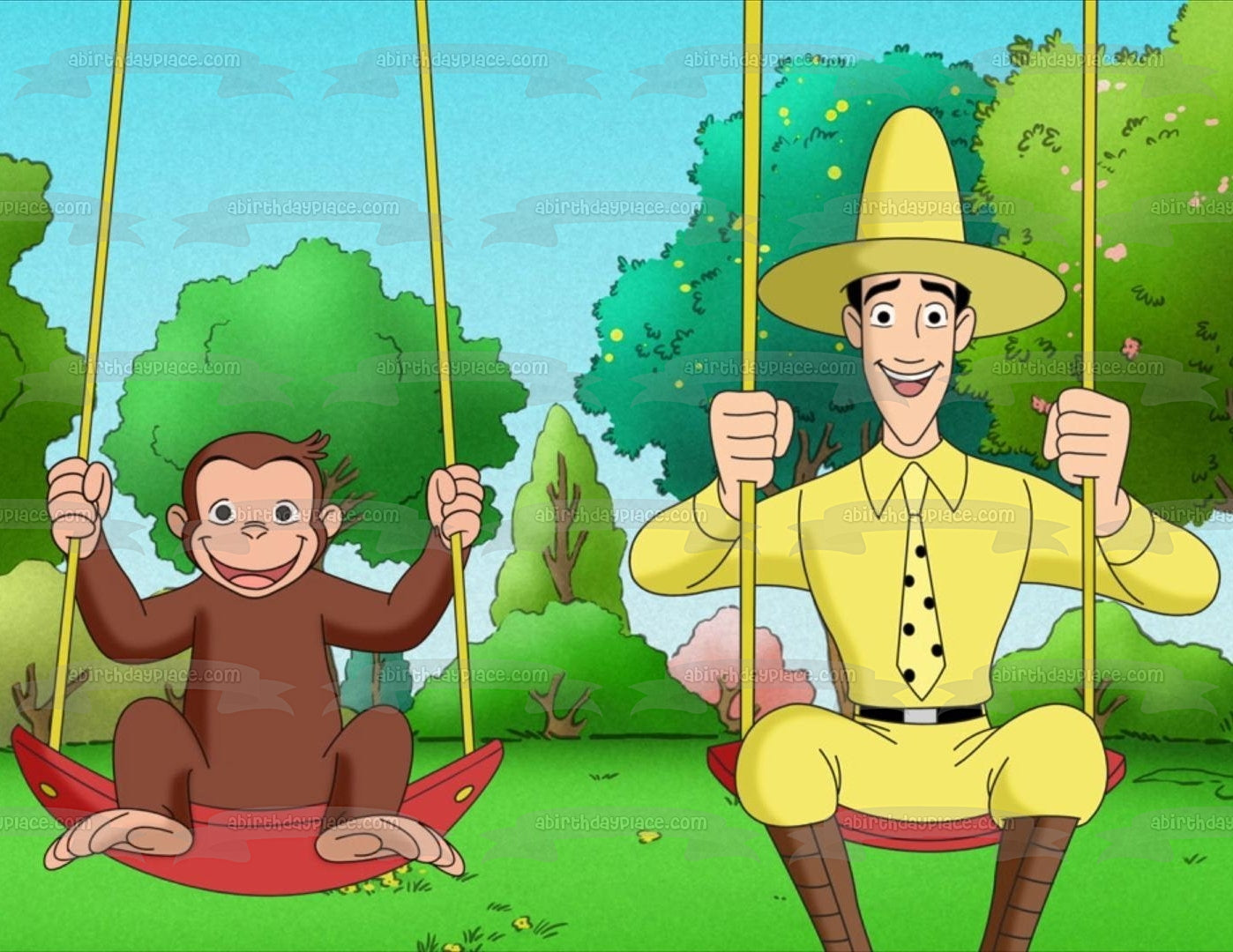 Curious George Swinging with the Man with the Yellow Hat Edible Cake Topper Image ABPID07878