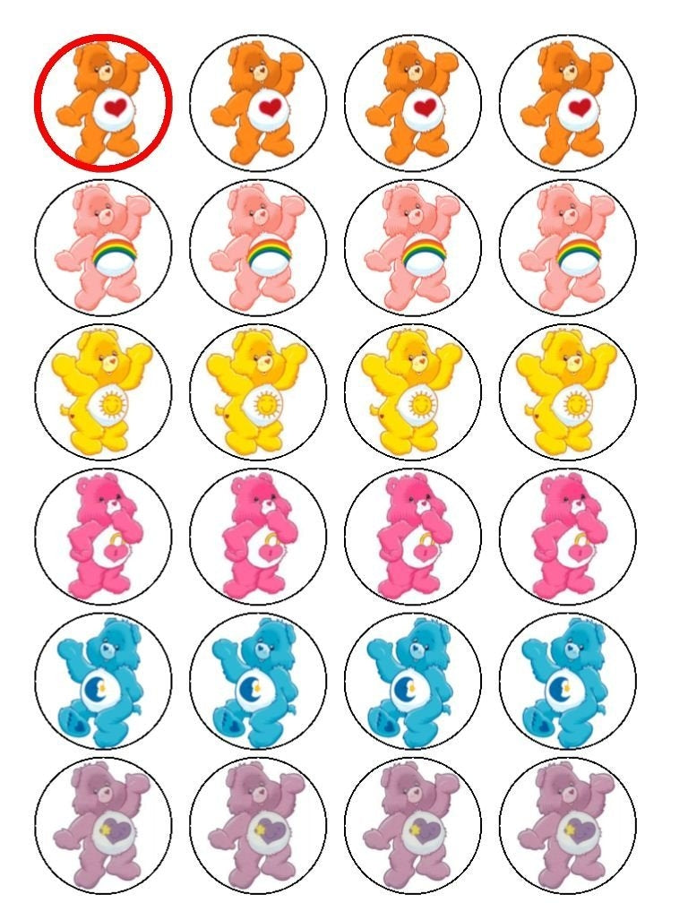 Care Bears Funshine Bear Tenderheart Bear Cheer Bear Bedtime Bear y Secret Bear Edible Cupcake Topper Imágenes ABPID07941 