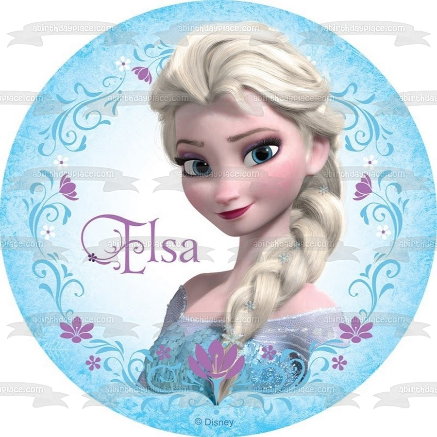 Imagen comestible para decoración de tarta comestible de Elsa de Frozen rodeada de flores moradas ABPID07961 