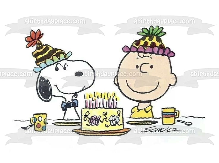 Peanuts Feliz cumpleaños Charlie Brown Snoopy pastel y sombreros de fiesta adorno comestible para pastel imagen ABPID08067 