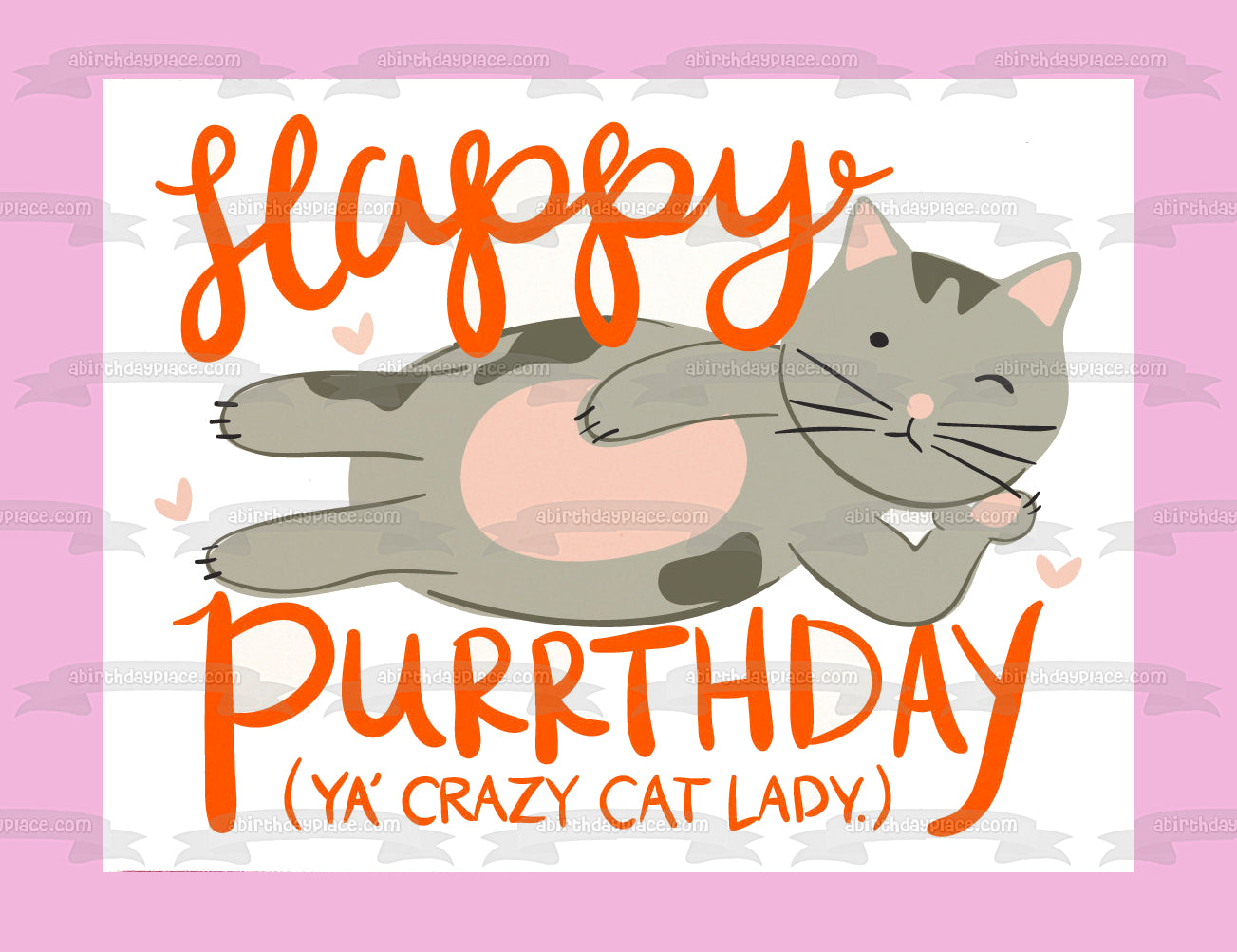 Happy Purrthday Ya Crazy Cat Lady - Adorno comestible para tarta con diseño de gato gris y corazones morados, imagen ABPID08111 