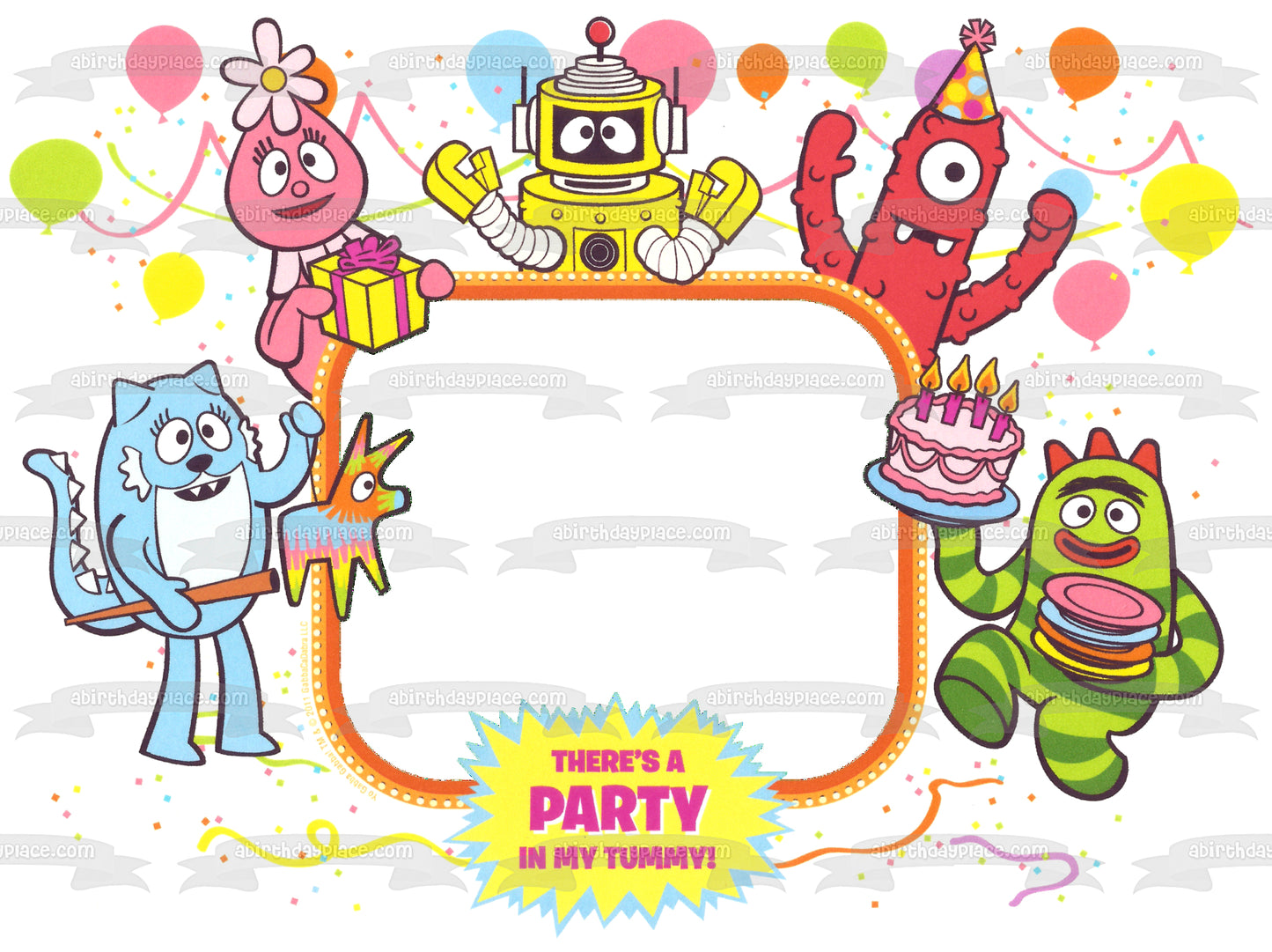 Yo Gabba Gabba Muno Foofa Brobee Toodee Plex Pastel de cumpleaños y globos Marco de imagen comestible para decoración de pastel ABPID08163 