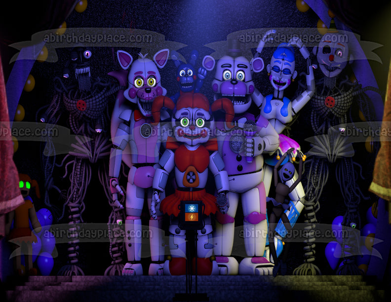 Five Nights at Freddy's Sister Location Ennard Circus Baby Funtime Foxy Ballora Funtime Freddy and Funtime Lolbit Edible Cake Topper Image ABPID08194