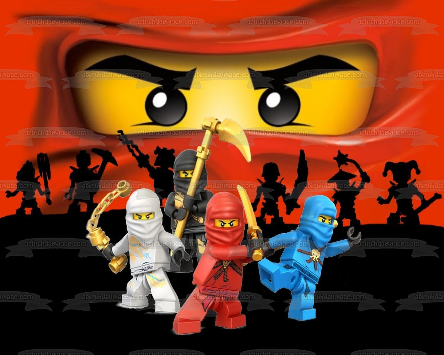 LEGO Ninjago Masters of Spinjitzu Ranger rojo Ranger azul Ranger blanco Ranger negro Imagen comestible para decoración de tarta ABPID08837 