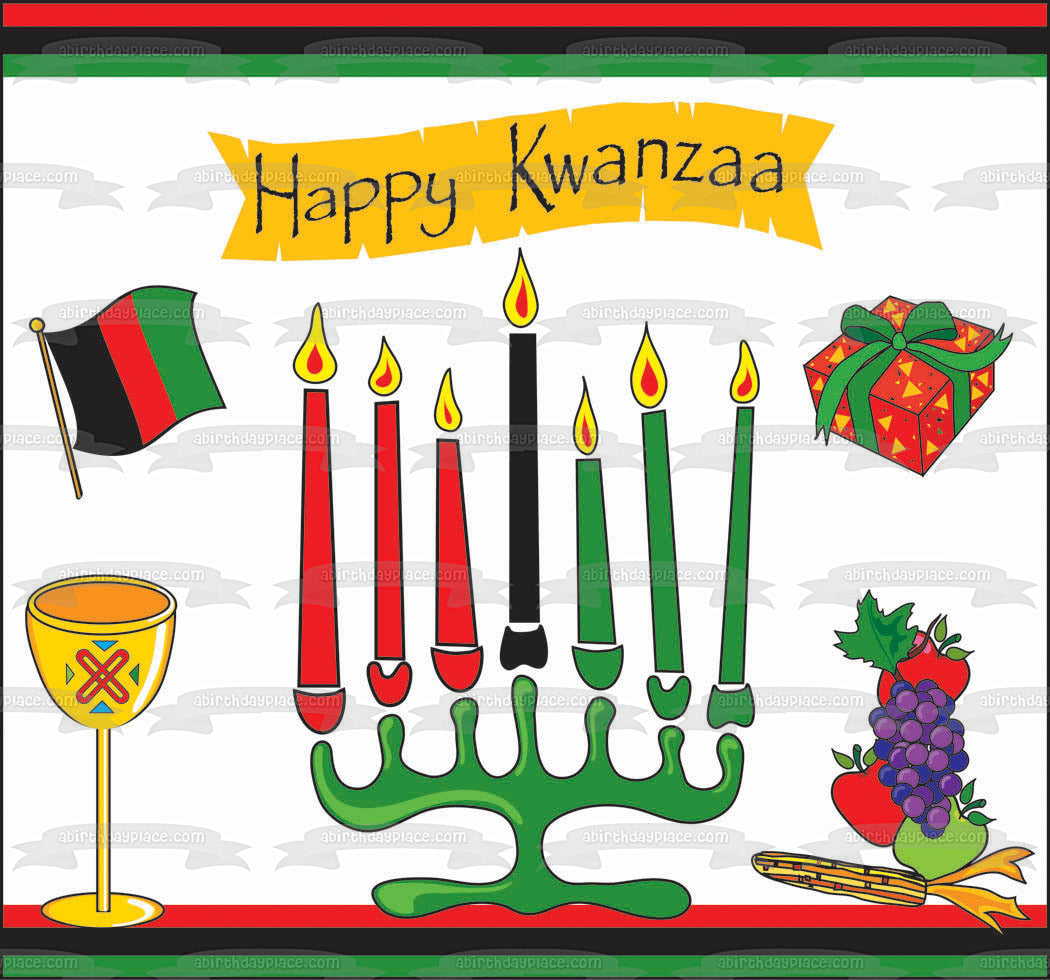 Happy Kwanzaa Presents Grapes Apples Kinara Mishumaa Saba Edible Cake Topper Image ABPID08838