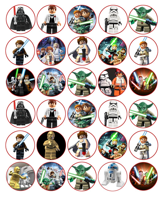 LEGO Star Wars R2-D2 C-3PO Chewbaca Princess Leia Hans Solo Yoda Obi-Wan Kenobi Lightsabers Edible Cupcake Topper Images ABPID08900