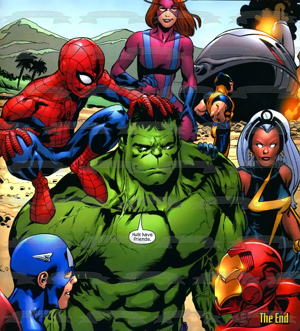 Increíble Hulk tiene amigos Spider-Man Iron Man Capitán América Marvel Comics decoración comestible para tarta imagen ABPID09059 