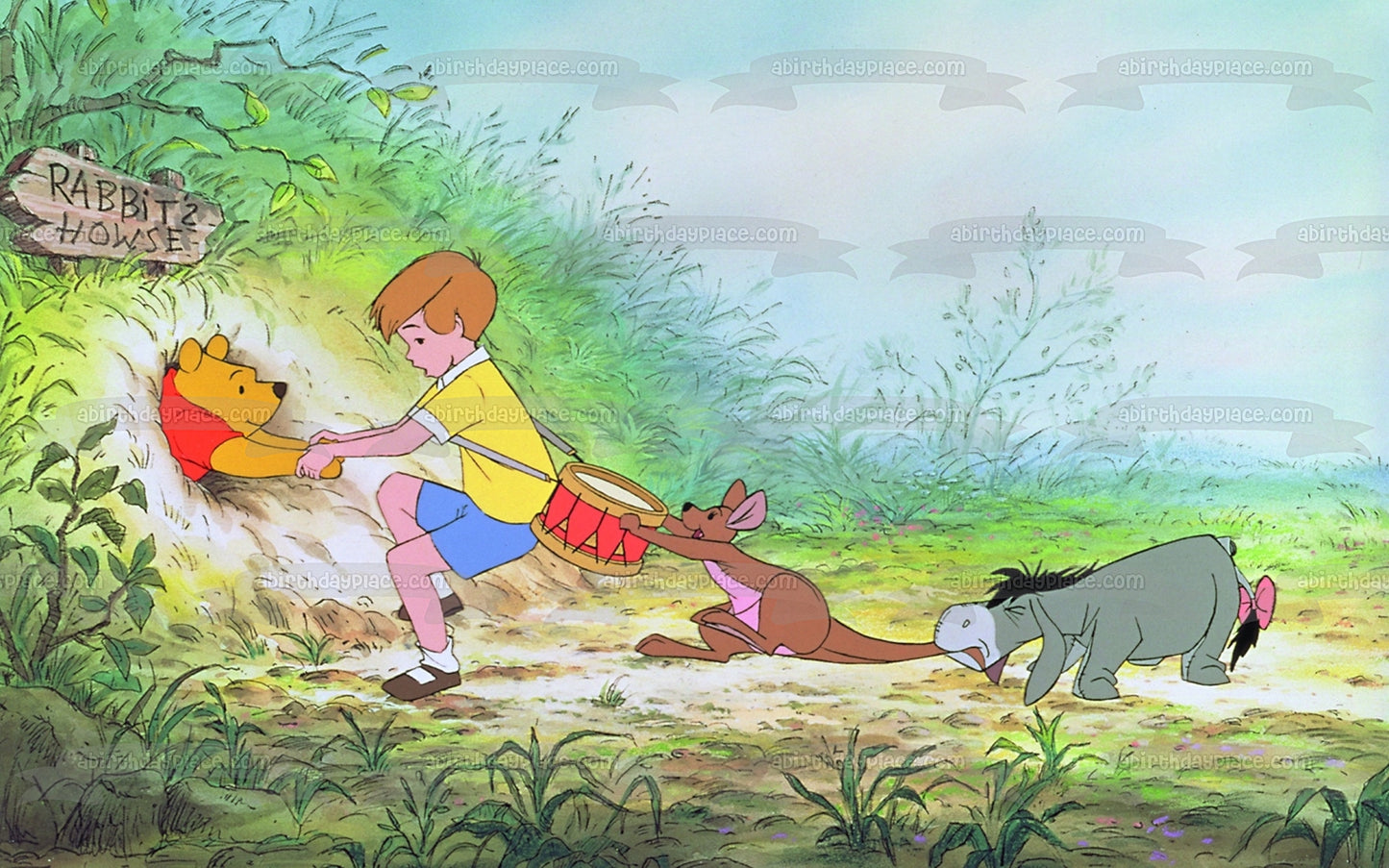 Disney Winnie the Pooh Christopher Robin Kanga Eeyore sacando a Pooh atascado de la casa del conejo adorno comestible para tarta imagen ABPID09148 