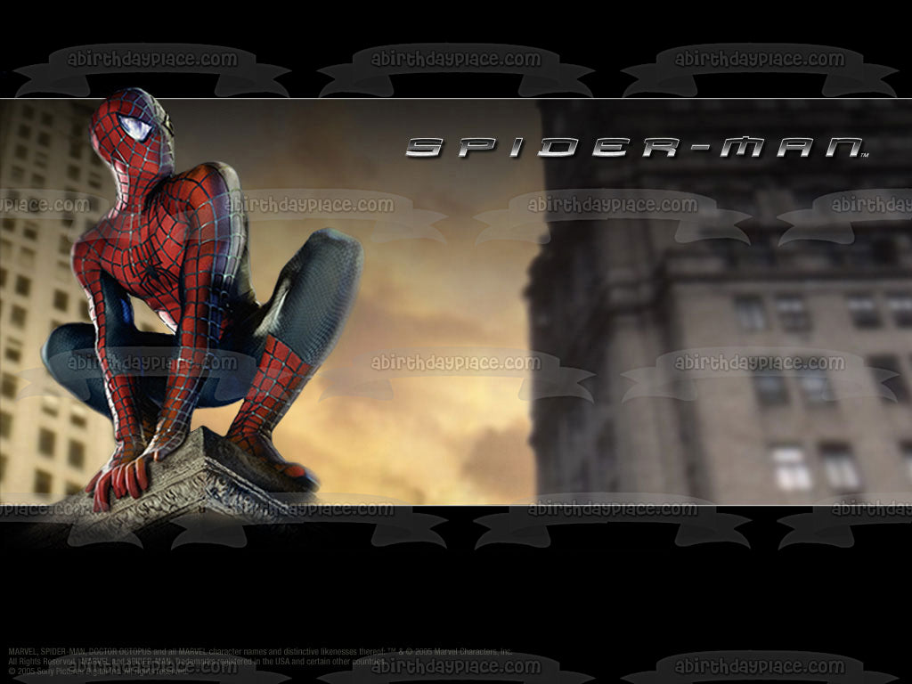 Spider-Man Crouching on Edge of Building Edible Cake Topper Image ABPID09159