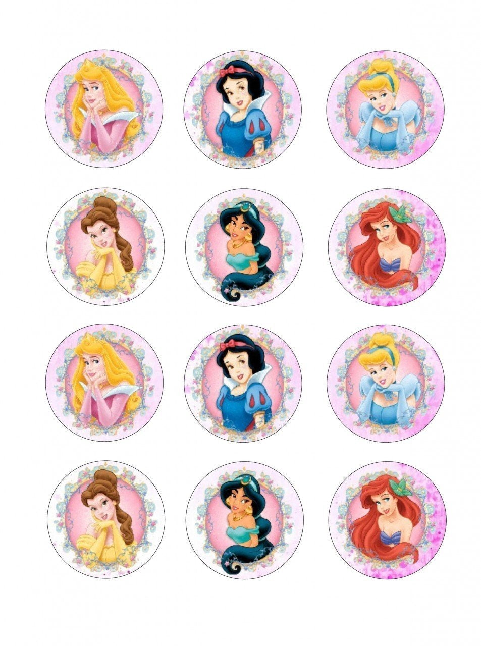 Disney Princess Ariel Belle Aurora Jasmine Cinderella Snow White Edible Cupcake Topper Images ABPID09191