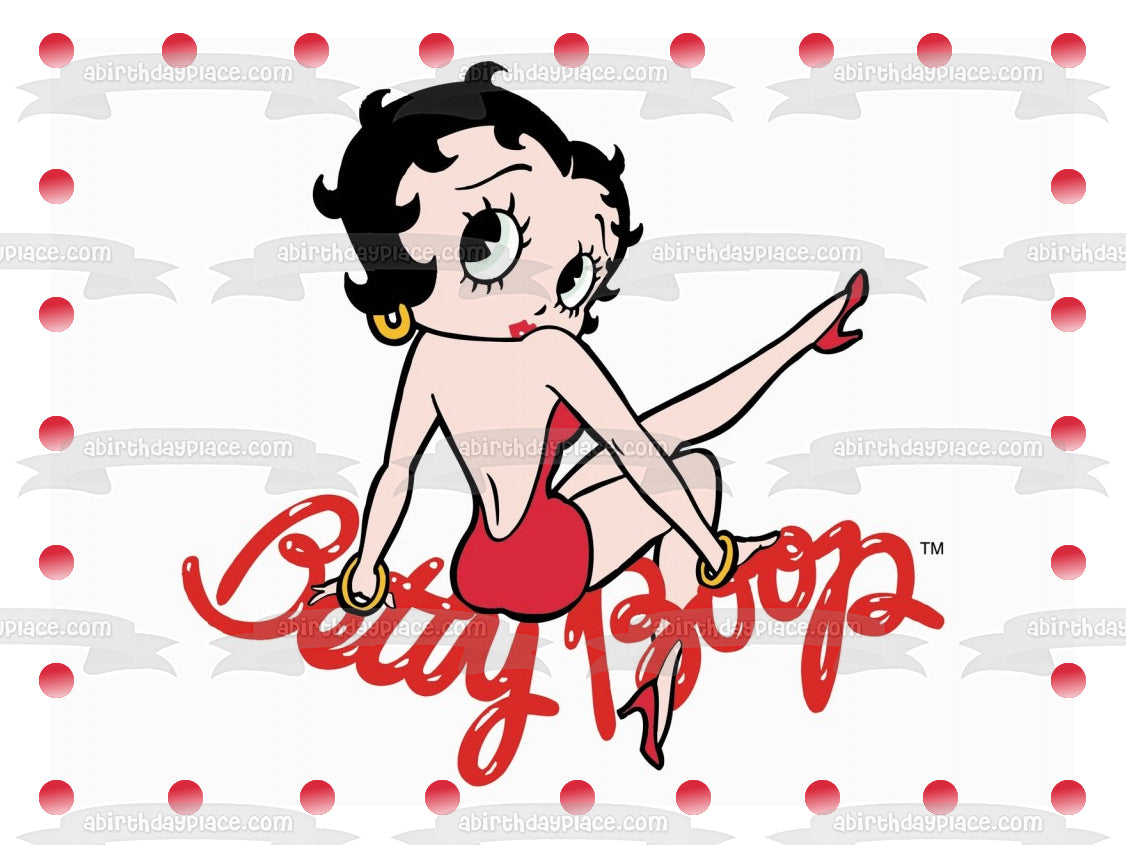 Betty Boop vestido rojo pendientes de aro pelo negro borde de puntos comestible decoración para tarta imagen ABPID09262 