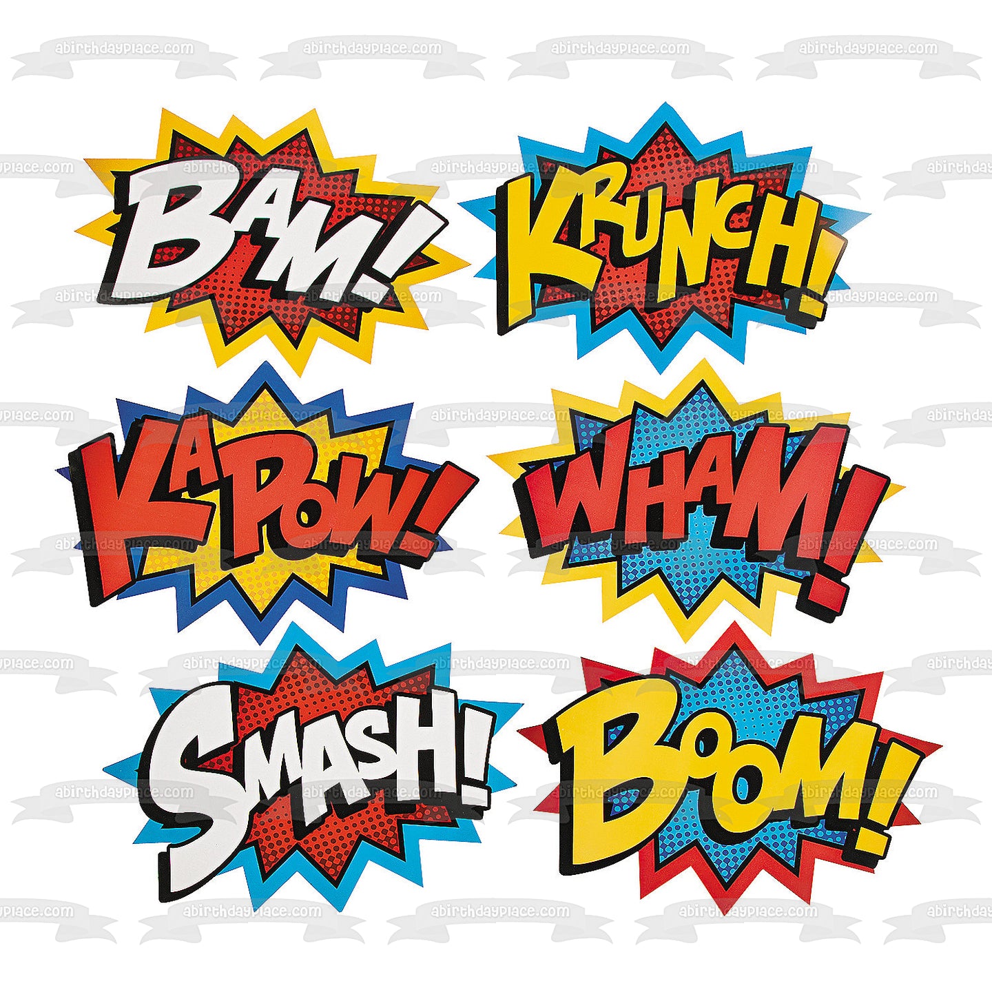 Comic Book Bubbles Bam Krunch Kapow Wham Smash Boom Edible Cake Topper Image ABPID09853