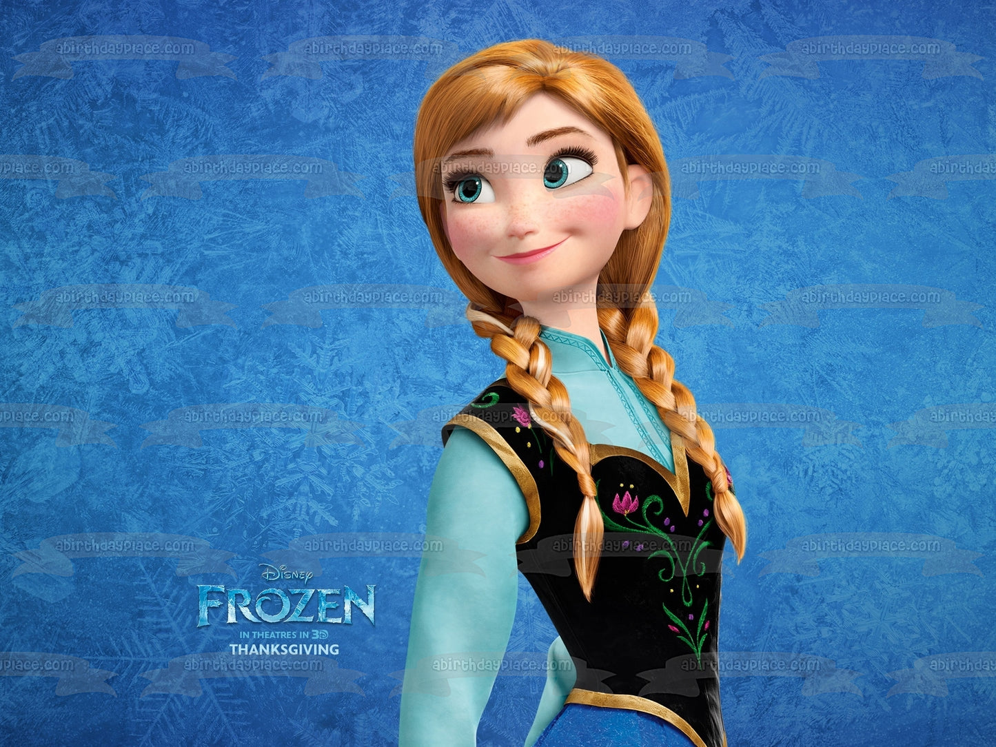 Imagen comestible para decoración de tarta con fondo azul de Frozen Anna de Disney ABPID10054 