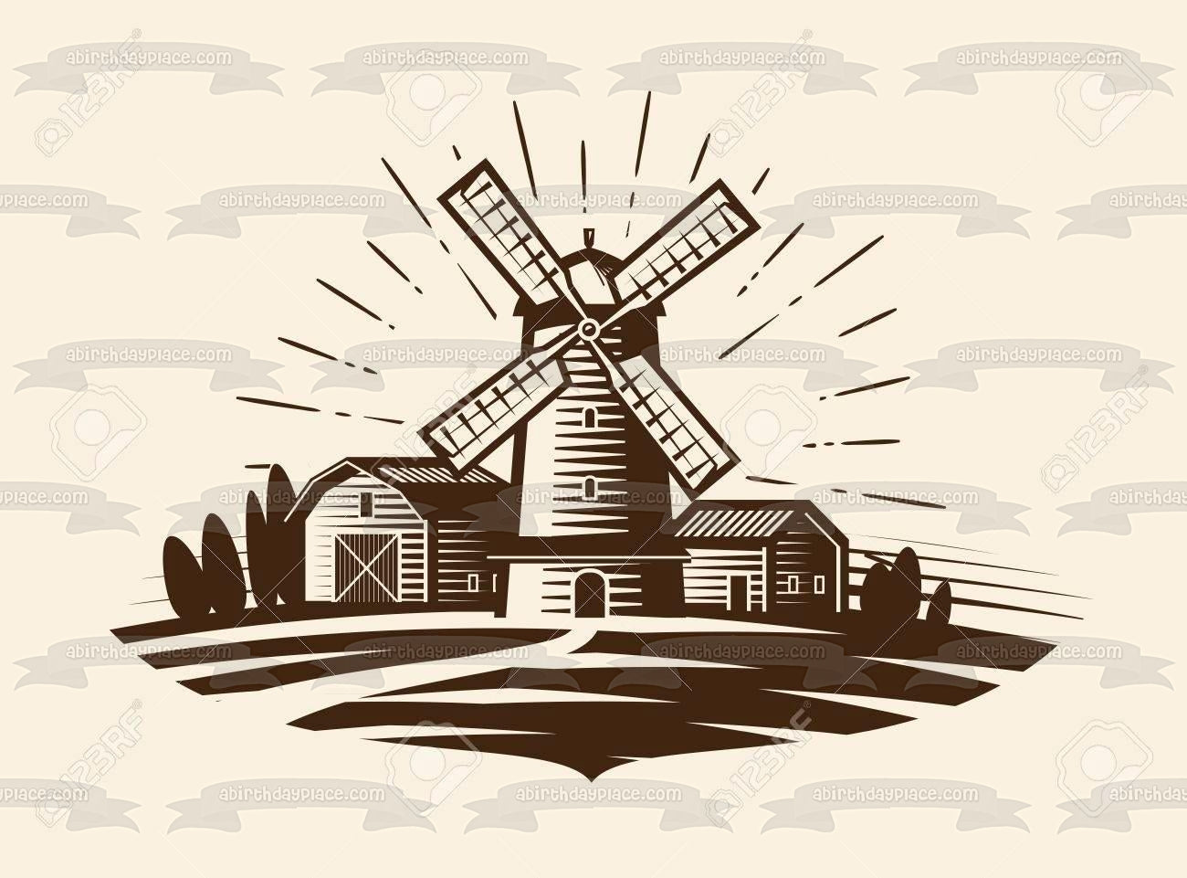 Farm Barns Windmill Trees Edible Cake Topper Image ABPID10865