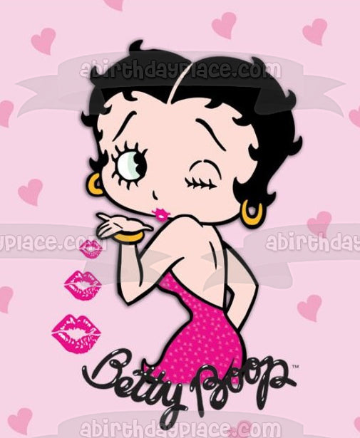 Betty Boop soplando un beso Fondo de corazones rosados ​​Imagen de decoración comestible para pastel ABPID11078 