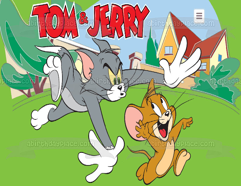 Tom y Jerry Tom persiguiendo a Jerry Hierba Árboles Casa Decoración comestible para tarta Imagen ABPID11188 