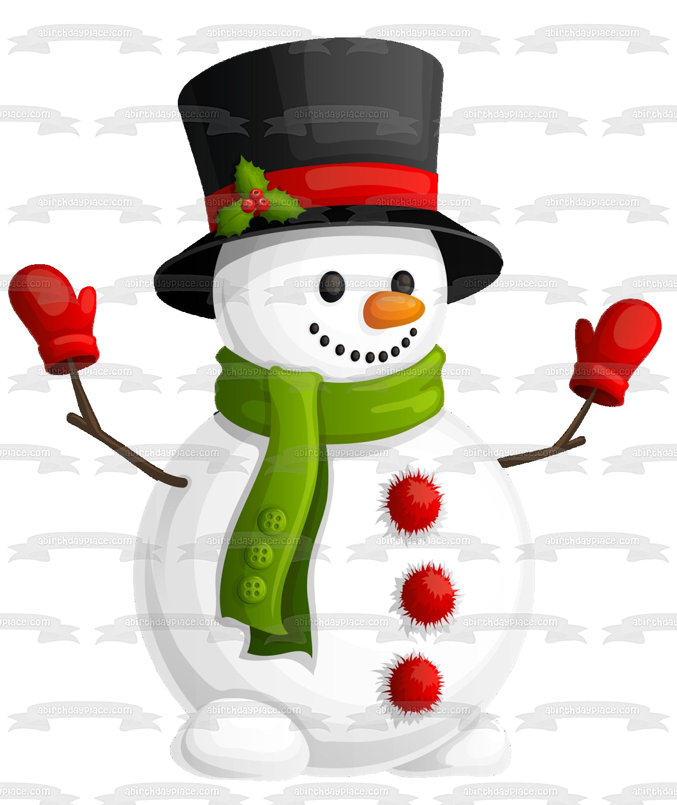 Merry Christmas Snowman Black Top Mistletoe Green Scarf Edible Cake Topper Image ABPID11409