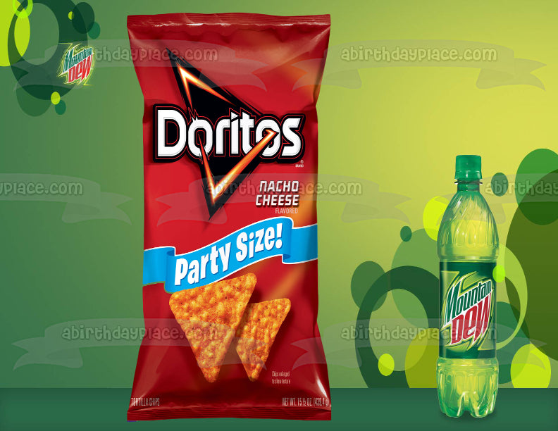 Imagen de adorno comestible para pastel con bolsa de Doritos y botella de Mountain Dew ABPID11548 