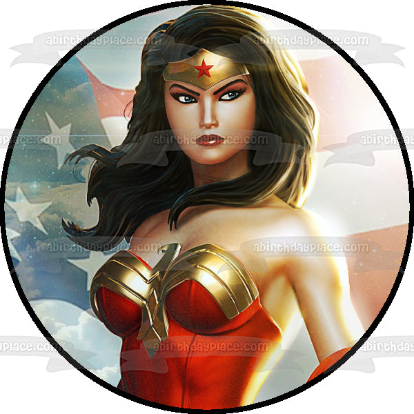 DC Comics Wonder Woman Liga de la Justicia Bandera Americana ondeando decoración comestible para tarta imagen ABPID11817 