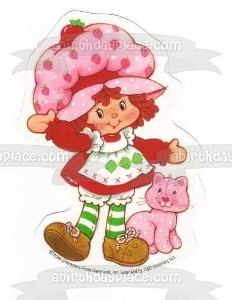 Strawberry Shortcake Waving Pink Cat Edible Cake Topper Image ABPID11939