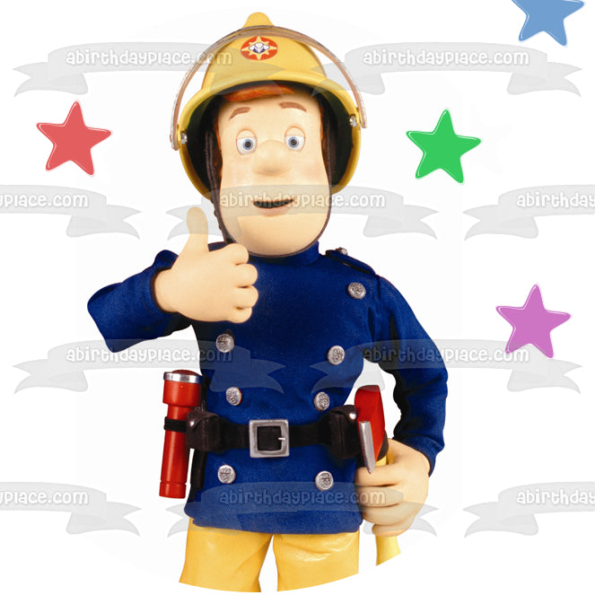 Fireman Sam Thumbs Up Stars Background Edible Cake Topper Image ABPID12053