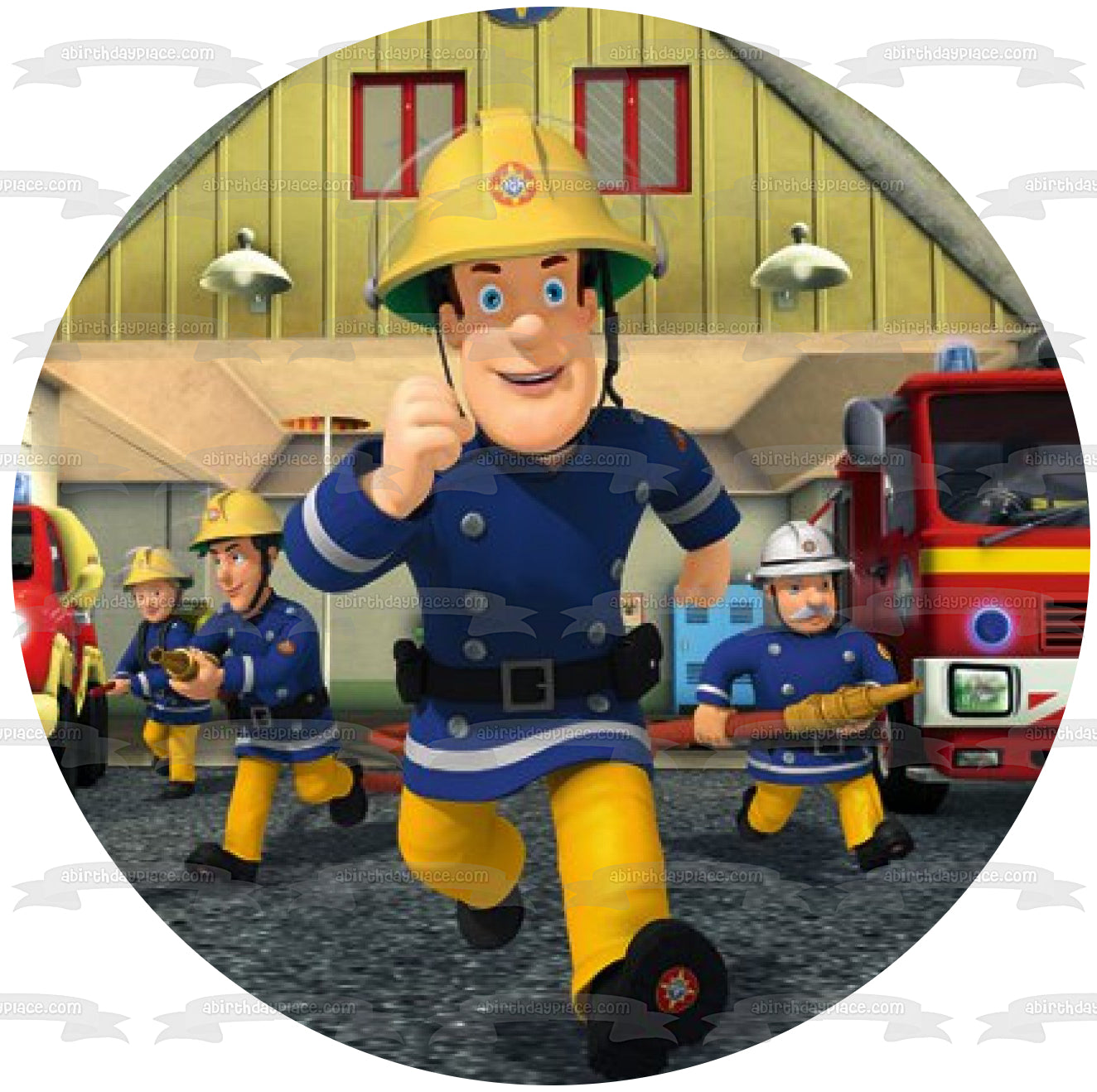 Imagen comestible para tarta con diseno de camion de bomberos con manguera de companeros de trabajo del bombero Sam ABPID12063