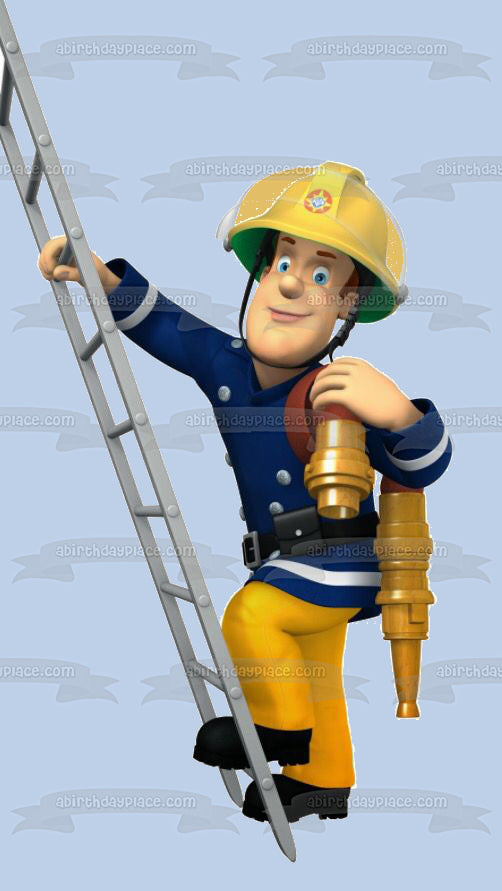 Fireman Sam Fire Hose Climbing a Ladder Edible Cake Topper Image ABPID12067