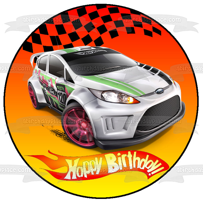 Hot Wheels Feliz cumpleaños coche plateado bandera a cuadros decoración comestible para tarta imagen ABPID12134 