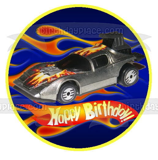 Mattel Hot Wheels Happy Birthday Silver Race Car Edible Cake Topper Image ABPID12139