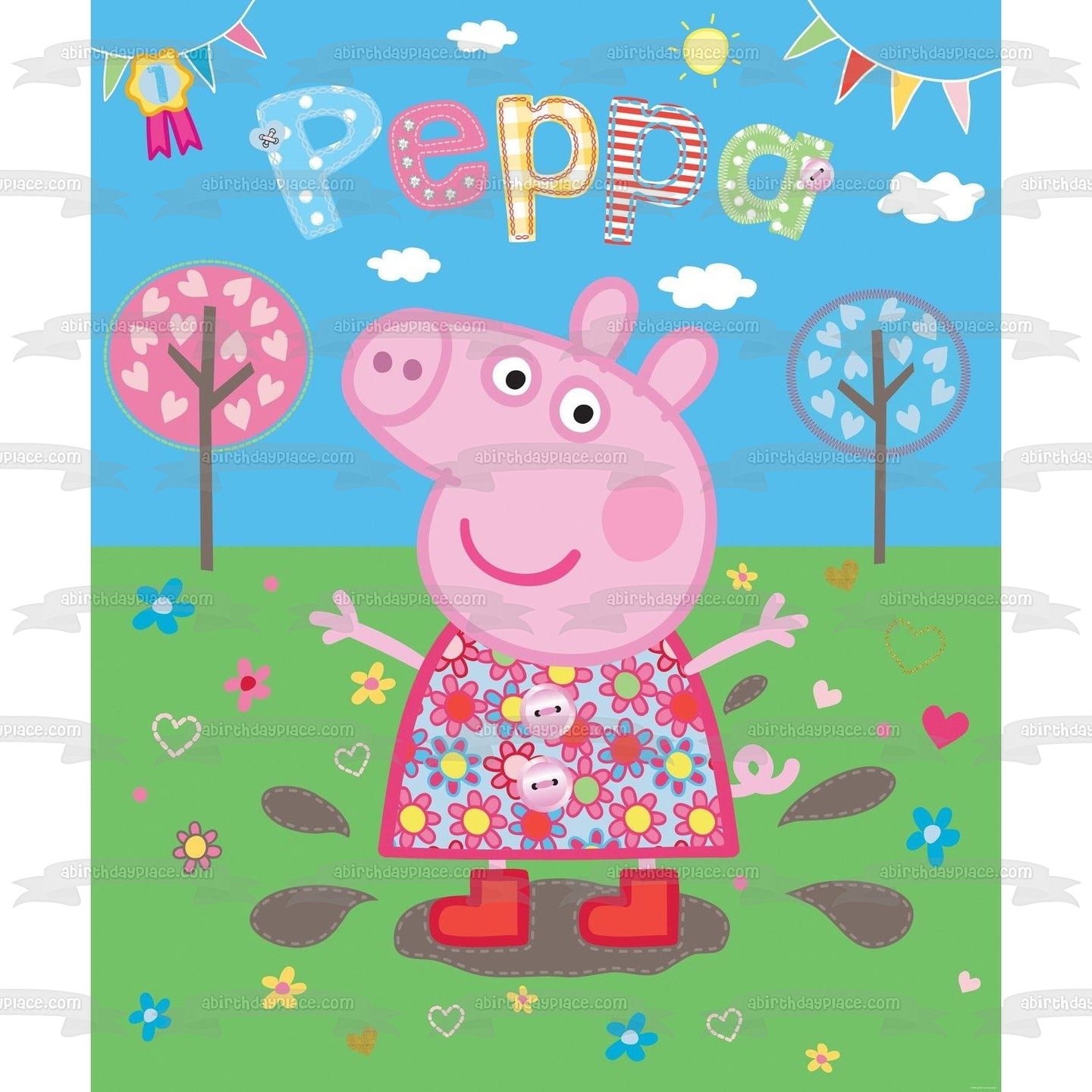 Peppa Pig Corazón Árboles Flores Adorno comestible para tarta Imagen ABPID12346 