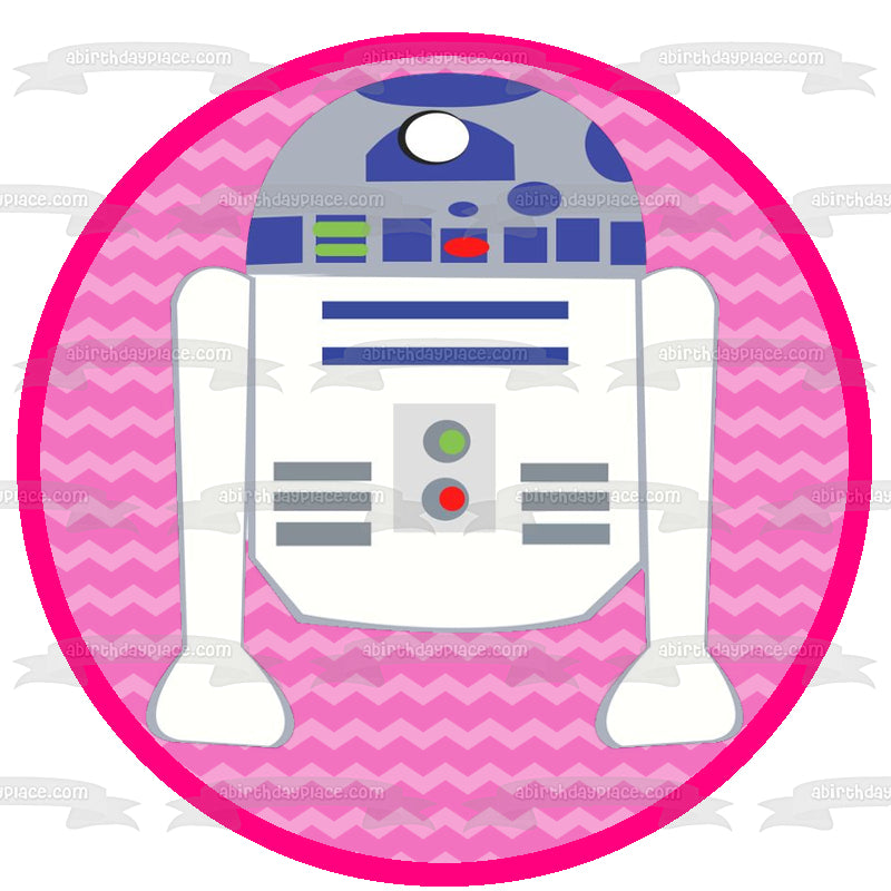 Imagen de decoración comestible para tarta con fondo rosa de Star Wars R2-D2 ABPID12706 