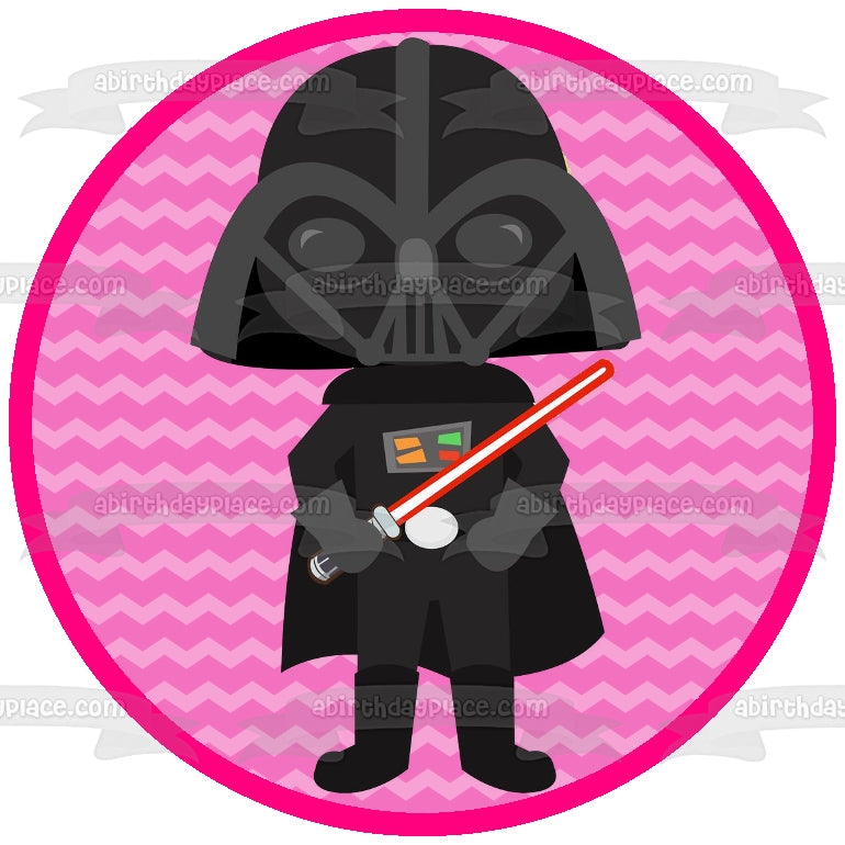 Star Wars Cartoon Darth Vader Lightsaber Pink Background Edible Cake Topper Image ABPID12714