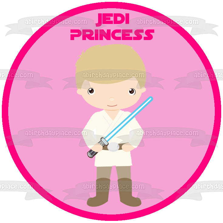 Star Wars Dibujos animados Anakin Skywalker Sable láser Princesa Jedi Fondo rosa Imagen comestible para decoración de tartas ABPID12716 