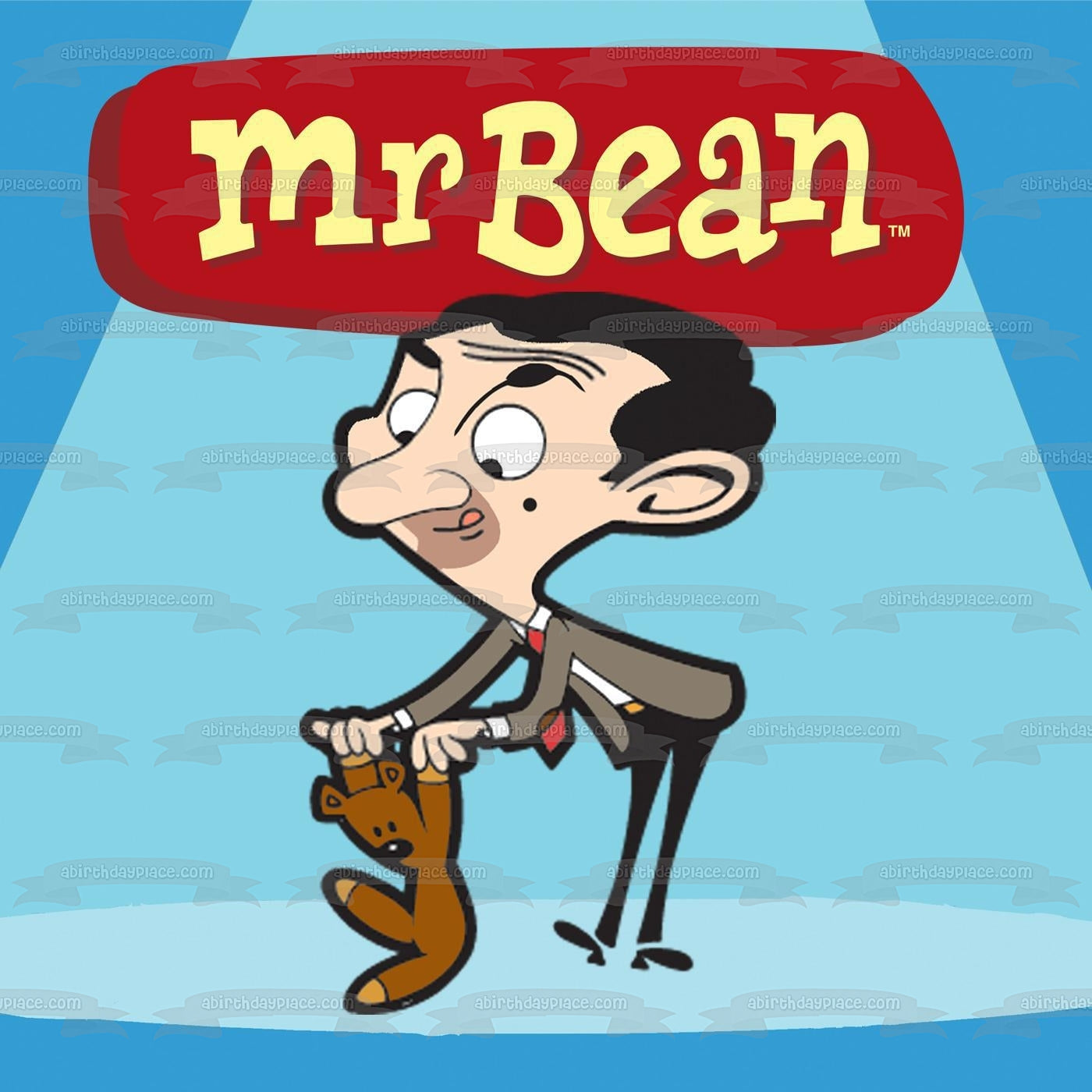 Mr. Bean Cartoon Teddy Blue Background Edible Cake Topper Image ABPID12976