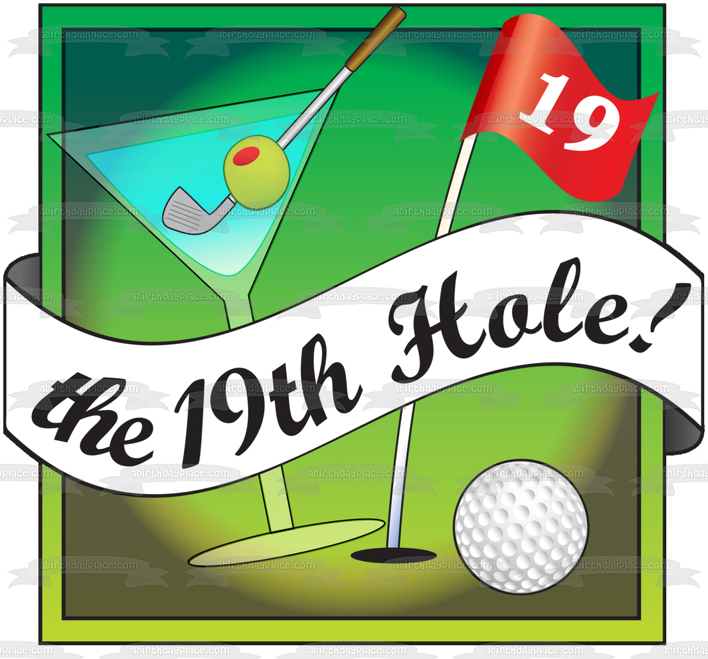 The 19th Hole! Golf Ball Martini Olive Edible Cake Topper Image ABPID13031